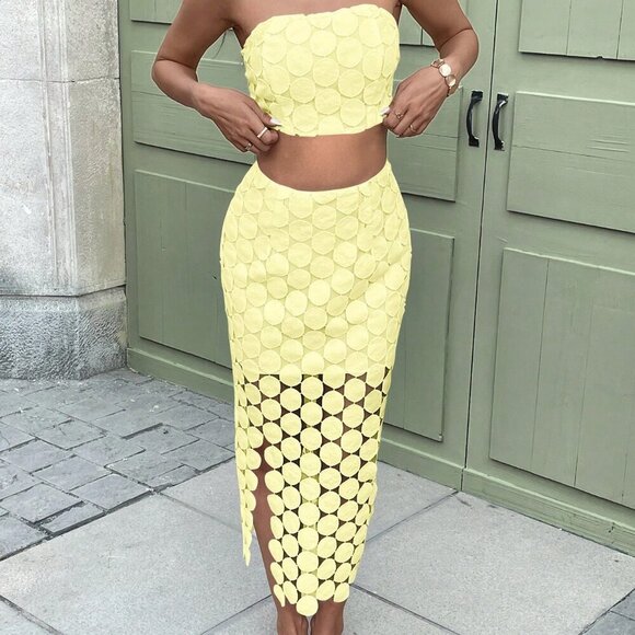 Yellow Boho Women's Set: Elegant 3d Polka Dot Tied Tube Top & Slit Skirt - Picture 6 of 6